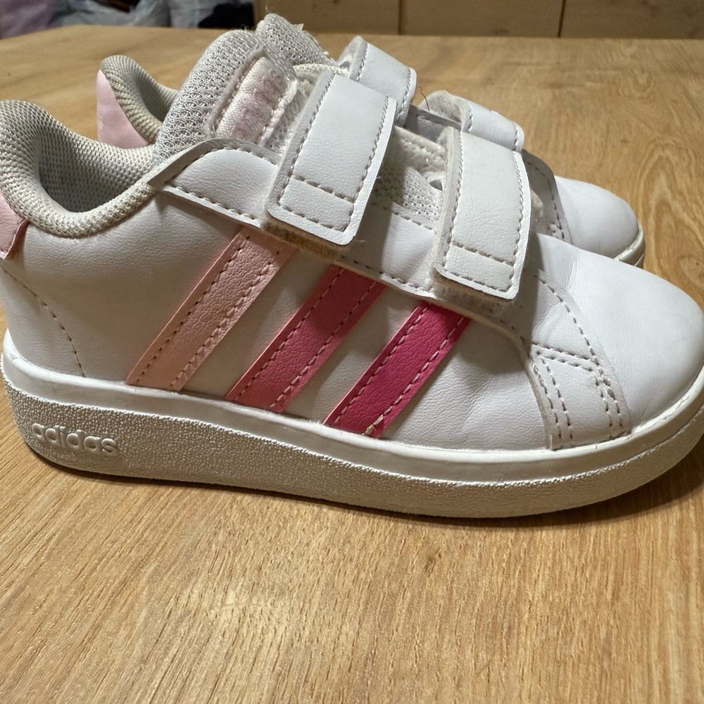 Adidas Kids White Sneakers with Pink Stripes